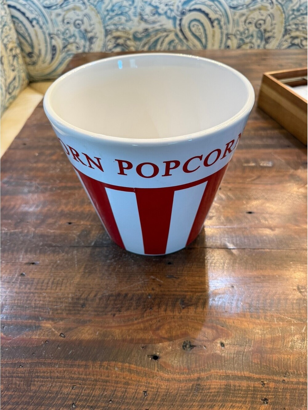 Ceramic Popcorn Bowl with Red and White Striped Design